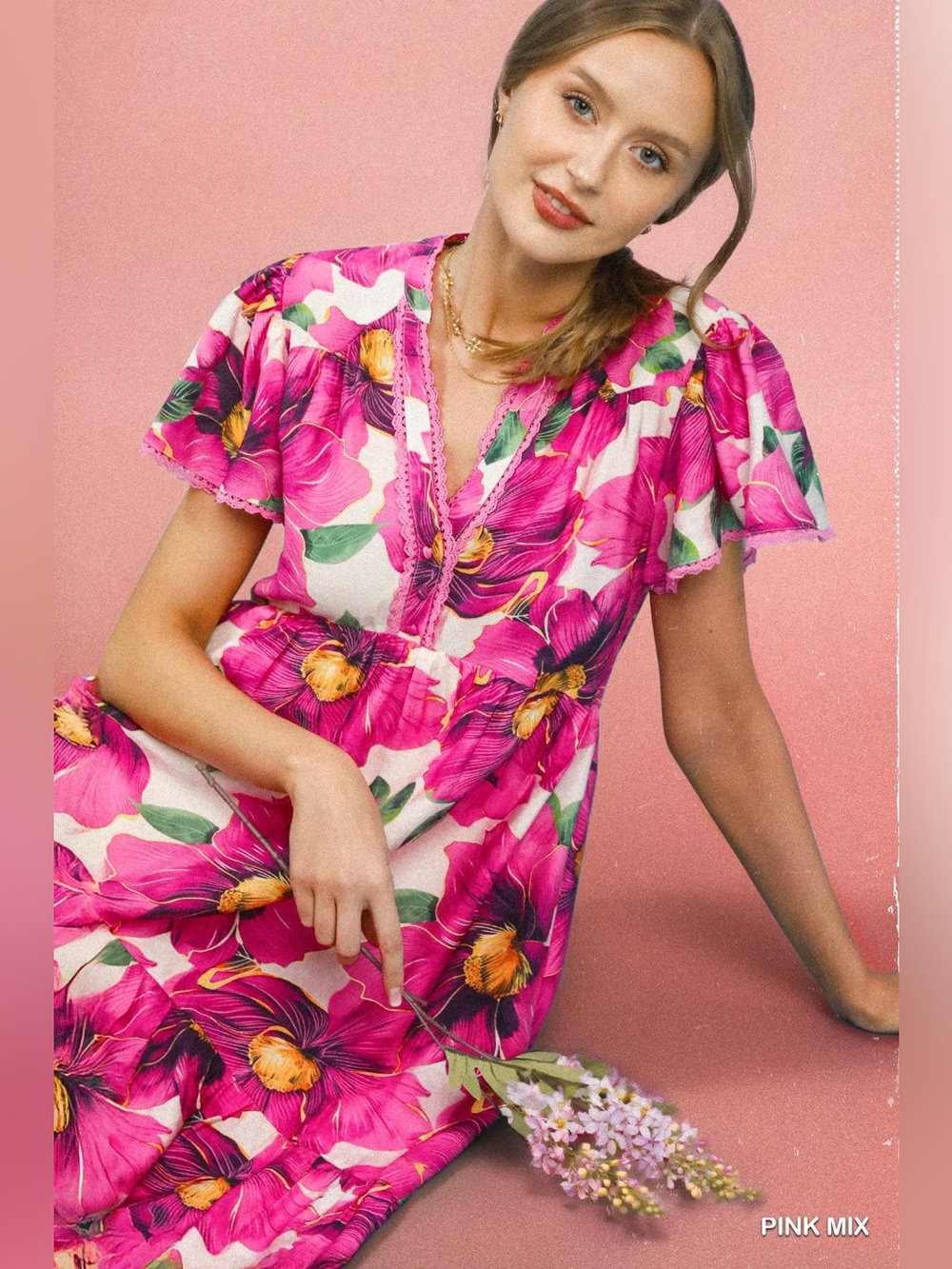 Umgee Tropical Floral V-Neck Flutter Sleeve Tiered Midi Dress - Picture 6 of 7